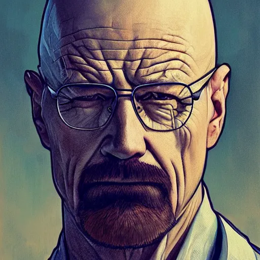 Image similar to walter white, fantasy character portrait, dynamic pose, above view, sunny day, very coherent asymmetrical artwork, sharp edges, perfect face, simple form, 100mm by Stanley Artgerm Lau, greg rutkowski, thomas kindkade, alphonse mucha, loish