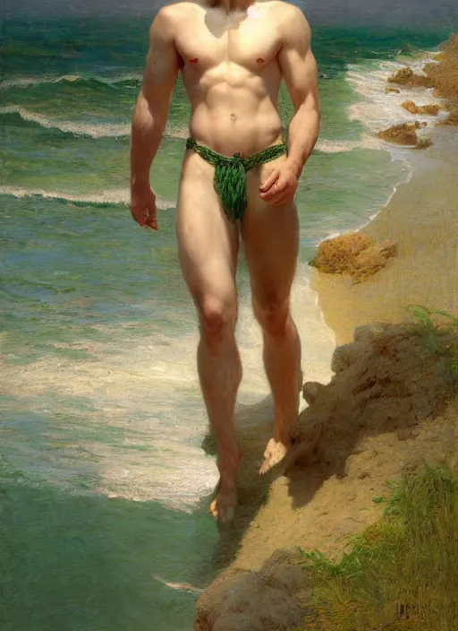 Image similar to detailed cinematic wide shot of muscular attractive young mulatto man beard slim face symmetrical face tanskin green eyes shaved hair wearing sea clothes, ultra realistic, spring light, painting by gaston bussiere, craig mullins, j. c. leyendecker