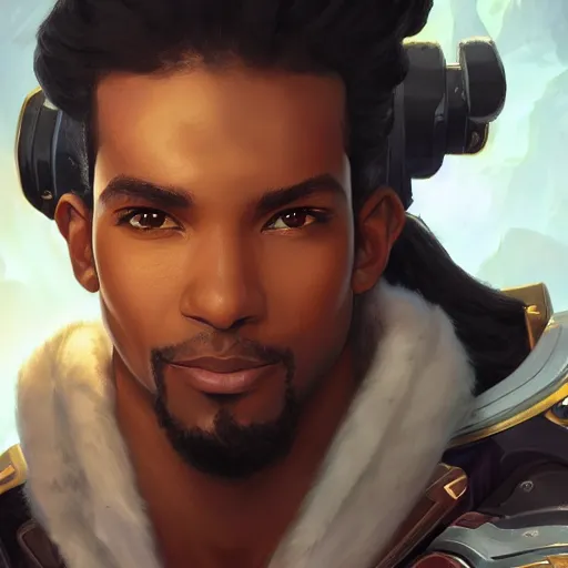 Image similar to closeup portrait of lucio from overwatch, d & d, fantasy, intricate, elegant, highly detailed, digital painting, artstation, concept art, matte, sharp focus, illustration, hearthstone, art by artgerm and greg rutkowski and alphonse mucha