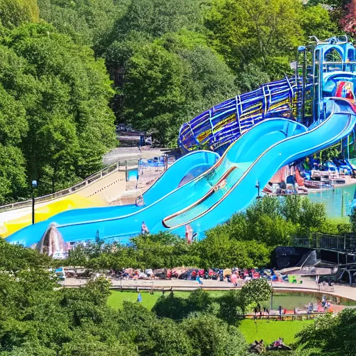 Image similar to photo of a large water park with numerous slides and water rides inside of central park. the new york city skyline is shown in the background.