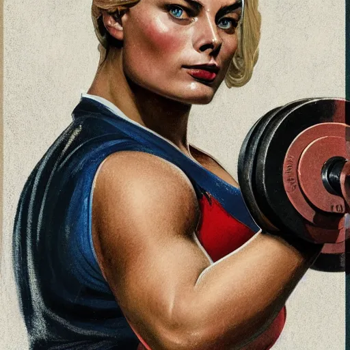 Image similar to socialist realism propaganda poster of margot robbie as beautiful female very muscular weightlifter from overwatch, portrait, profile picture, socialist realism, highly detailed, intricate, digital painting, artstation, sharp focus, illustration, art by jakub rozalski, greg rutkowski, artgerm, tan zi and ayanamikodon and alphonse mucha and wlop