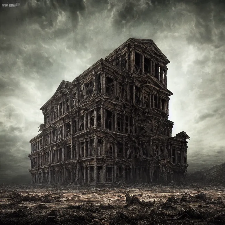 Image similar to ribbed abandoned giant building, baroque painting, standing in a desolate empty wasteland, creepy, nightmare, dream-like heavy atmosphere, surreal abandoned buildings, beautiful detailed intricate insanely detailed octane render trending on Artstation, 8K artistic photography, photorealistic, chiaroscuro, Raphael, Caravaggio, Beksinski, Giger