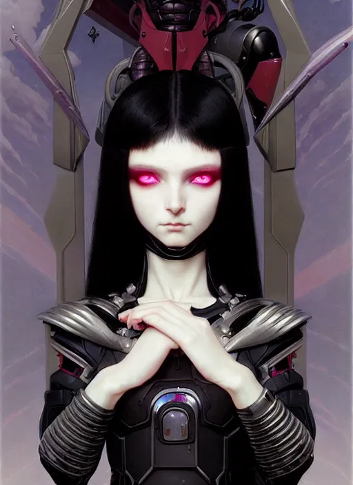 Prompt: portrait of beautiful cute young goth balenciaga military maiden cyborg girl with white hair in warhammer armor, art by ( ( ( kuvshinov ilya ) ) ) and wayne barlowe and gustav klimt and artgerm and wlop and william - adolphe bouguereau