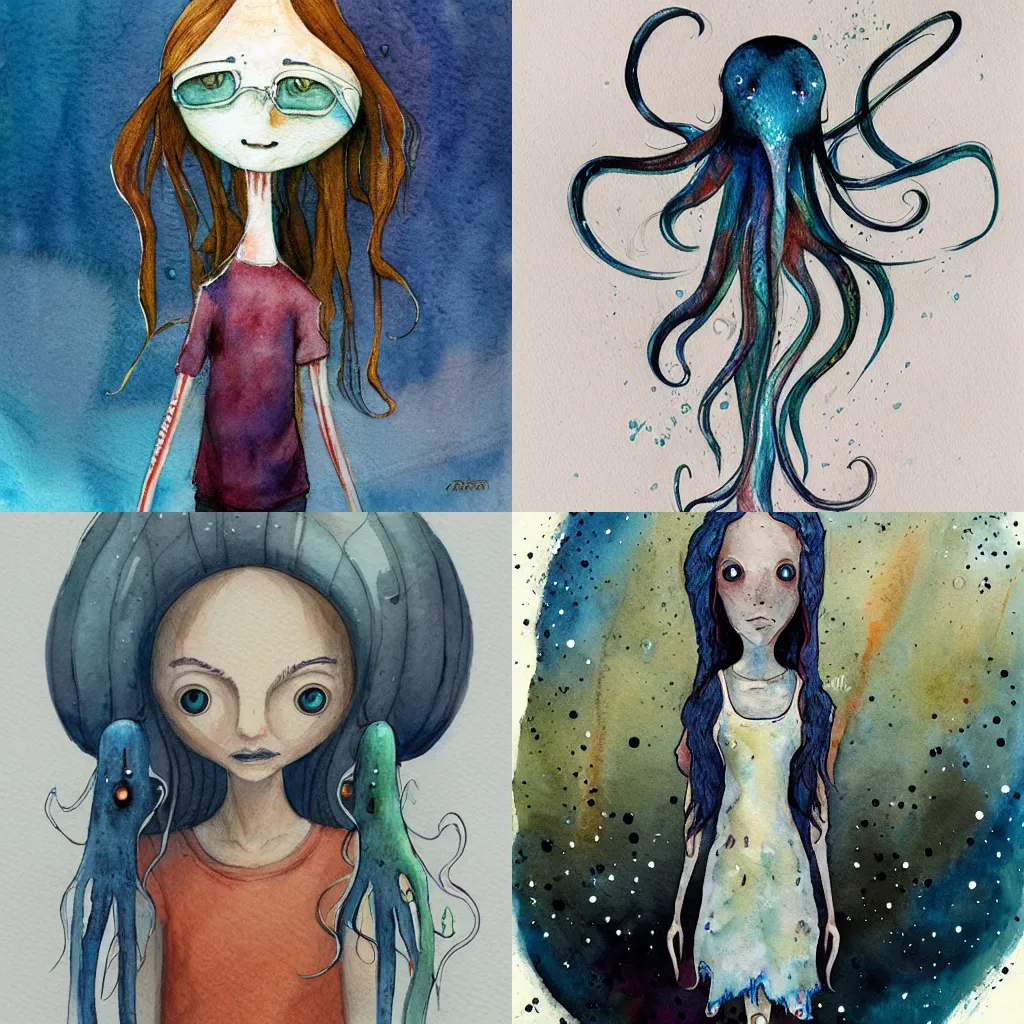 Prompt: a water color girl squid, mixed human, by tony sandoval