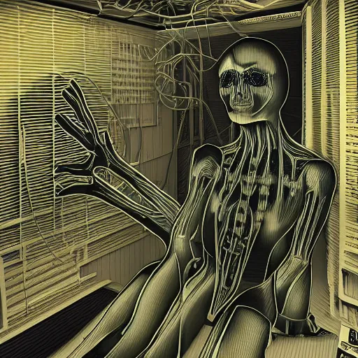 Image similar to !dream darksynth, techno mutant standing in a constructivist room with blank walls connected by wires and cords to a toad's head, Hand Screen Printed, by Jason Galea, by H.R. Giger, rendered in blender, ultra realistic, smooth shading, ultra detailed, high resolution, cinematic