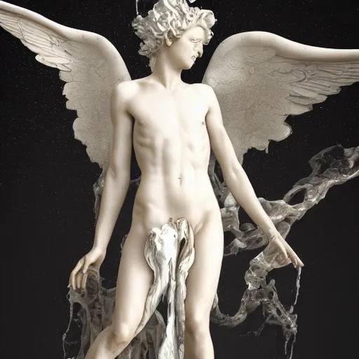 Image similar to realistic digital painting of a stunning intricate cracked white marble falling angel with face of piero angela bernini sculpture, trailing white vapor, mycelium stands and misty xparticles neutral tone background, trending on artstation, hyperrealism, matte painting, subsurface scattering