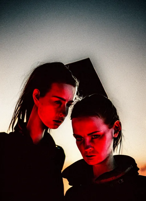 Image similar to cinestill 5 0 d photographic portrait of two loving female androids wearing rugged black techwear on a desolate plain with a red sky, extreme closeup, cyberpunk style, in front of a brutalist dark metal facility, dust storm, 8 k, hd, high resolution, 3 5 mm, f / 3 2, ultra realistic faces, ex machina