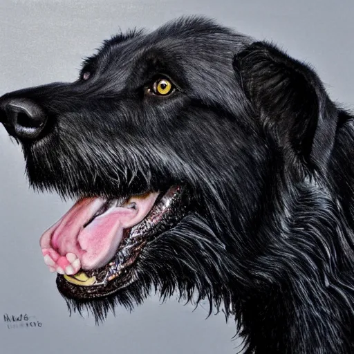 Image similar to portrait of a black wolfhound, regal, hyper realistic, highly detailed