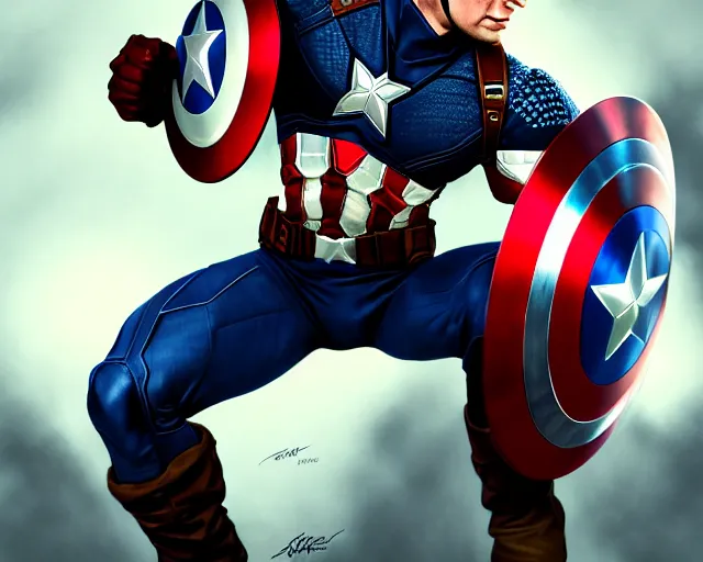 Image similar to photography of captain america action shot directed by steven spielberg, deep focus, d & d, fantasy, intricate, elegant, highly detailed, digital painting, artstation, concept art, matte, sharp focus, illustration, hearthstone, art by artgerm and greg rutkowski and alphonse mucha