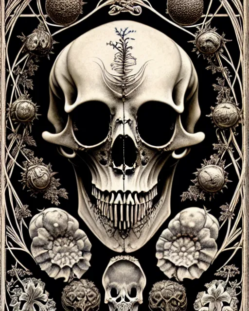 Image similar to art forms of nature by ernst haeckel, memento mori by arthur rackham, ornate antique porcelain beautiful skull mask, ultrasharp, photorealistic, hyperdetailed, octane render, polished, art nouveau, neo - gothic, gothic, intricate ornamental organic filigree, art nouveau botanicals, art forms of nature by ernst haeckel, horizontal symmetry, symbolist, visionary