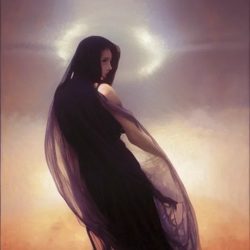 Image similar to awe-inspiring award-winning concept art painting of attractive figure in black shrouds called the ghost of the moonbow queen, rainbow, by Michael Whelan, William Adolphe Bouguereau, John Williams Waterhouse, and Donato Giancola, cyberpunk, extremely moody lighting, glowing light and shadow, atmospheric, shadowy, cinematic, 8K