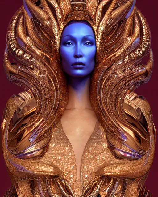 Image similar to a highly detailed metahuman 4 k close up render of an alien goddess bella hadid monument pharaoh in iris van herpen dress schiaparelli in diamonds crystals swarovski and jewelry iridescent in style of alphonse mucha gustav klimt trending on artstation made in unreal engine 4