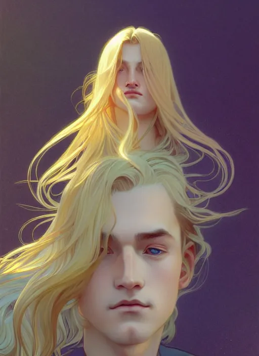 Image similar to pretty young man with shoulder length shiny shimmering golden blond hair, path traced, highly detailed, high quality, digital painting, by studio ghibli and alphonse mucha, leesha hannigan, wenjun lin, disney