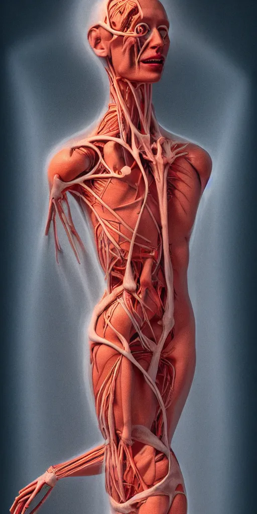 Image similar to poster design, full body anatomical model, 3 d photographic render of a deconstructed asymmetric human anatomical correct human body, in hoc signo vinces, waterfall, in the style of leonora carrington, gottfried helnwein, intricate composition, blue light by caravaggio, insanely quality, highly detailed, masterpiece, red light, artstation