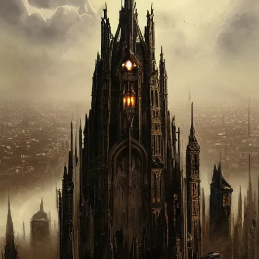 Image similar to an ultra detailed matte painting of a lonely and impossibly tall ominous gothic dark citadel tower of the evil patriarch, elevated high above the city, in a river elevated high above the city, fantasy capital city, ultrawide lense, aerial photography, scary thunderstorm, light fog, volumetric lighting, exquisite detail, 8 k, art by greg rutkowski and alphonse mucha