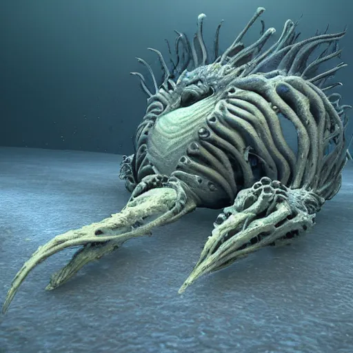 Prompt: a weird creepy creature on the bottom of the ocean, very detailed and photorealistic