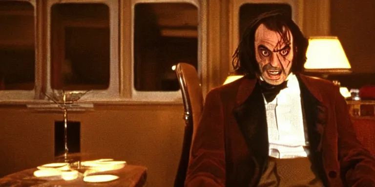 Image similar to photorealistic ultra wide cinematography of the character jack torrance played by jack nicholson from stanley kubrick's 1 9 8 0 film the shining sitting at the overlook hotel's gold ballroom bar starring right at the camera shot on 3 5 mm eastman 5 2 4 7 film by the shining cinematographer john alcott shot on a wide kinoptik tegea 9. 8 mm lens.