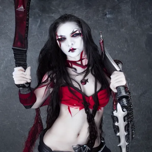 Image similar to photo of a female vampire warrior with weapons, highly detailed