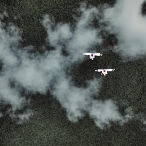 Image similar to cinematic areal shot of three drones flying through the clouds