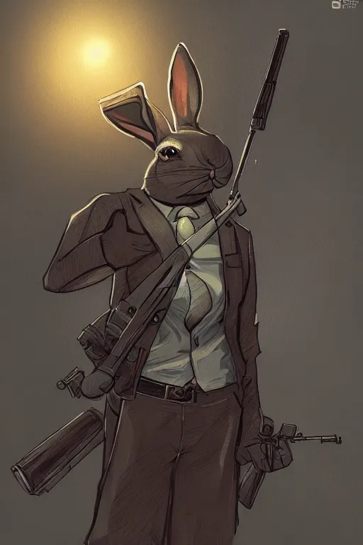 Image similar to rabbit as a hitman, dynamic lighting, fantasy concept art, trending on art station, stunning visuals, creative, cinematic, ultra detailed, comic strip style