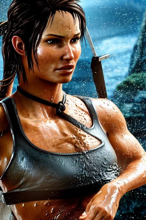 Prompt: a film still of lara croft, close up, muscular, drenched body, wet dripping hair, emerging from the water,