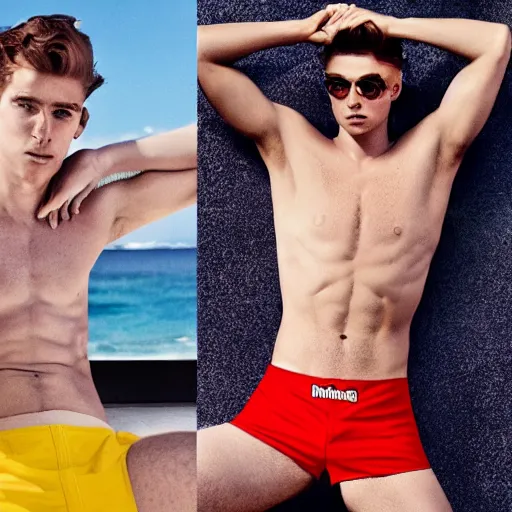 Image similar to ronald mcdonald models in swim trunks ; calvin klein ad