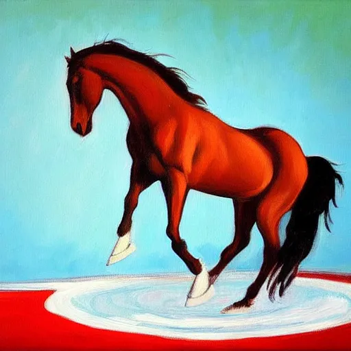 Prompt: expressive painting of a horse jumping into a circle of water, very stylized, modern painting