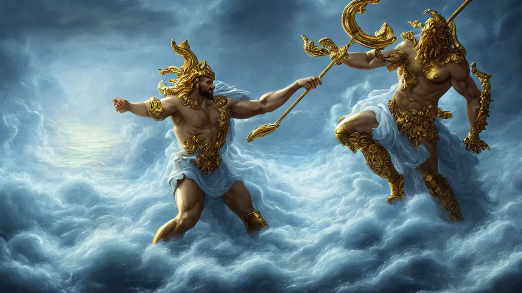 Prompt: Character concept art, Digital Paint, Zeus fighting Poseidon, Character Design, Digital Art, Gold Light, Blue Mist, Divine, Sky, 8K, insanely detailed and intricate, ornate, hyper realistic, super detailed, Cloudy background, Trending on Artstation, in the style of James Jean