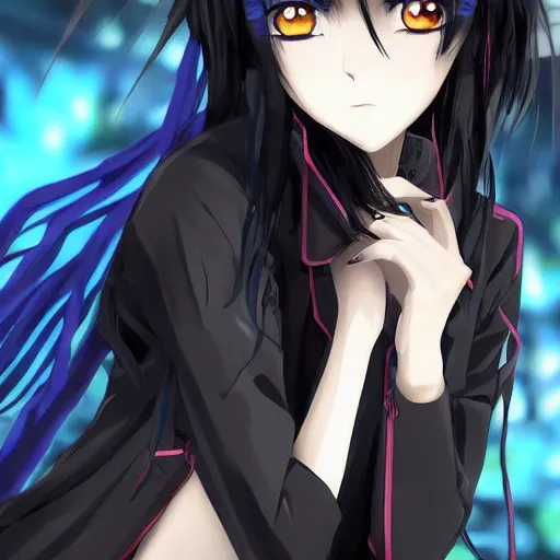Image similar to 1 7 - year - old anime goth girl, black hair, long bob cut, long bangs, gothic coat, holding, shibuya, blue sunshine, in front of ramen shop, strong lighting, strong shadows, vivid hues, raytracing, sharp details, subsurface scattering, intricate details, hd anime, very - high - budget anime movie, 2 0 2 1 anime