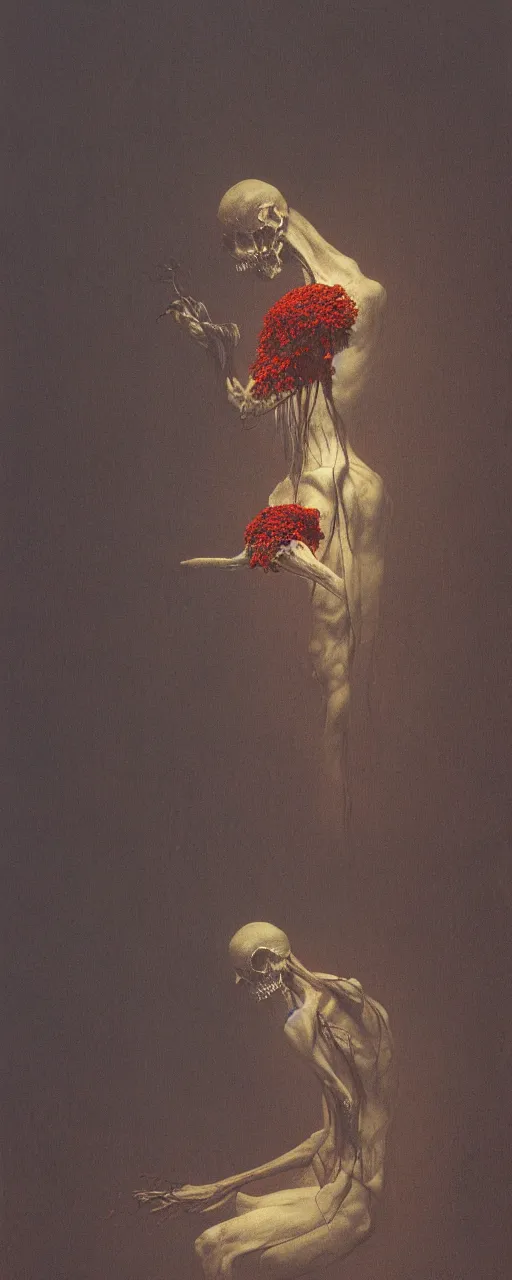 Prompt: death tending to a beautiful dried flower in a dark room, zdzislaw beksinski, arthur rachham, stephen gamell, 8 k, artstation, interior