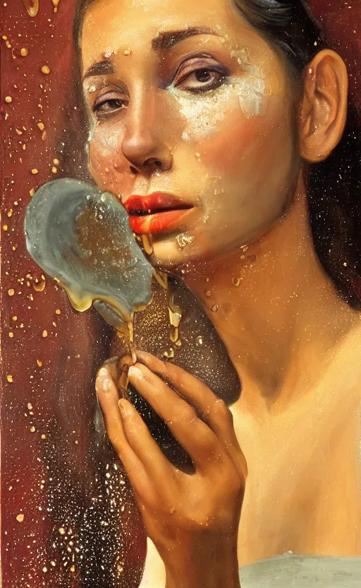 Image similar to portrait of an ancient girl, honey dripping on top of her, oil coming out of her mouth, gipper realistic, high tech!