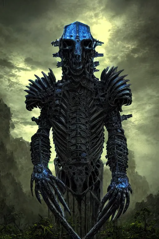 Prompt: post - gothic giant creepy chimera, exoskeleton armor, holding shiny katana, dystopian ruins covered in vegetation, highly detailed smooth digital art masterpiece, vitaly bulgarov giger dramatic dark blue light, ground angle hd 8 k, sharp focus