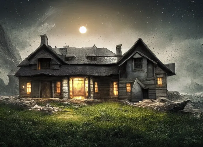 Image similar to realistic alien structured house on a dark land, full moon, ultra detailed, fantasy, hyper realism, art, smooth, beautiful art, masterpiece, landscape, cinematic, wet reflections, ray tracing x, rtx, smooth