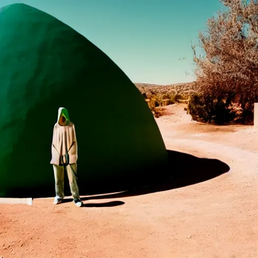 Image similar to a man wearing a green hoodie sitting outside a Non-Euclidean orb-like clay house sitting in the desert, vintage photo, beautiful cinematography, blue sky, film grain, wide angle, far away, James Turrell