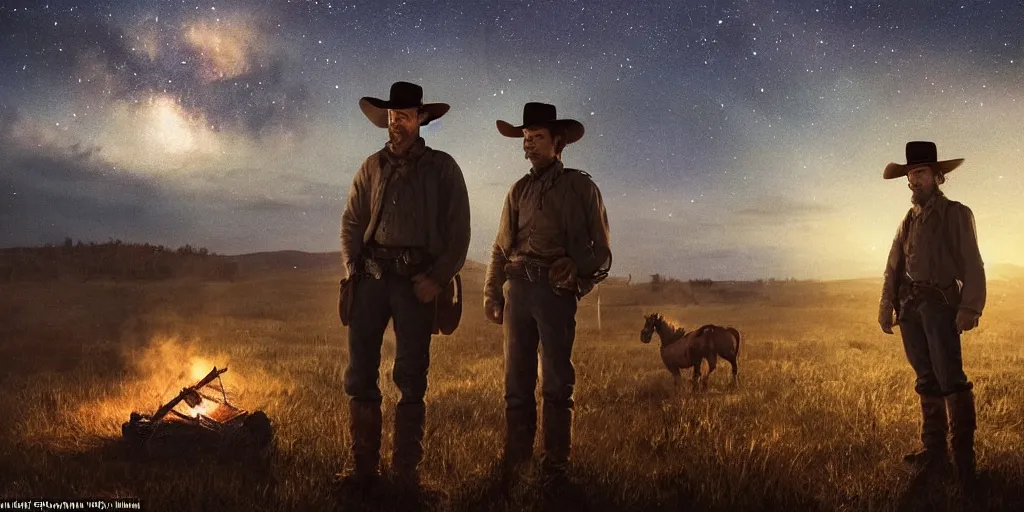 Prompt: in the old west, at a campfire at night, close up portrait of one sleeping bandit, rugged battle - scar scoot mcnairy ( ( alone ) and wide shot of one young thomas brodie - sangster ( ( alone ) ) watches the stars and his horse grazes, in the style of a cinematic oil painting, warm color palate, astral