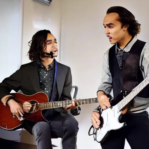 Image similar to Carlos Valdes and Frank Dillane playing guitar and singing on a stage