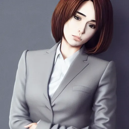 Image similar to woman in grey business suit, brown neat hair, pixiv, fanbox, trending on artstation, portrait, modern, sleek, highly detailed, formal, serious, determined, competent, colorized, smooth, charming, pretty, safe for work