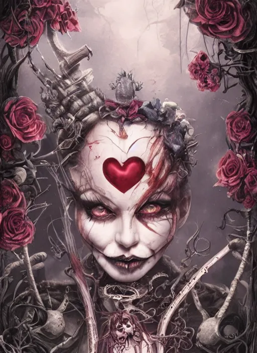 Image similar to Queen of Hearts, Cheshire Cat, Alice in Wonderland, Death Tarot card,highly detailed,half skull face,cinematic,8k,by Stanley Artgermm,Tom Bagshaw,Greg Rutkowski,Carne Griffiths, Ayami Kojima, Beksinski, Giger,trending on DeviantArt,hyper detailed,horror, full of colour