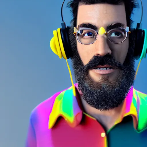 Prompt: hipster whitebeard wearing headset at computer epic action cinematic, 4k, hyper realistic, super detailed, colorful accents, golden ratio, symmetrical face, highly detailed professional photo, centered, rim lights, vray caustics