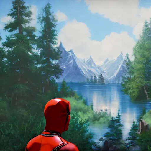 Image similar to a closeup photorealistic photograph of bob ross working on a canvas painting of deadpool. film still. brightly lit scene. mountains and trees. this 4 k hd image is trending on artstation, featured on behance, well - rendered, extra crisp, features intricate detail, epic composition and the style of unreal engine.