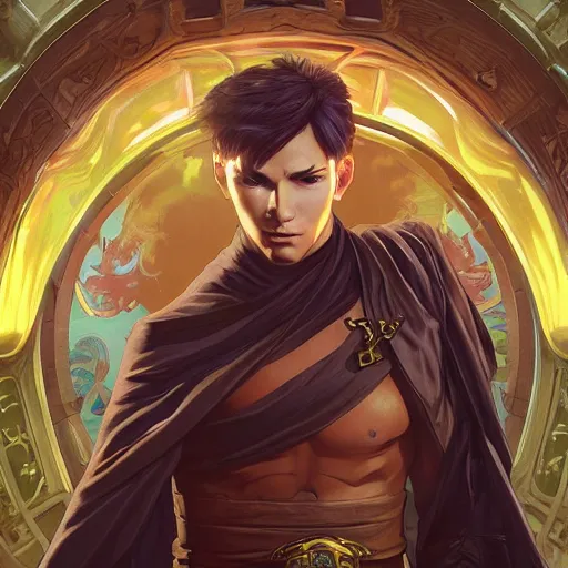 Image similar to character concept, wide angle, full body, symmetrical head - on centralized, young man with dark ninja clothes. detailed, high quality, dynamic lightning, fantasy, scenematic. artwork by artgerm, wlop, alex ross, greg rutknowski, alphonse mucha