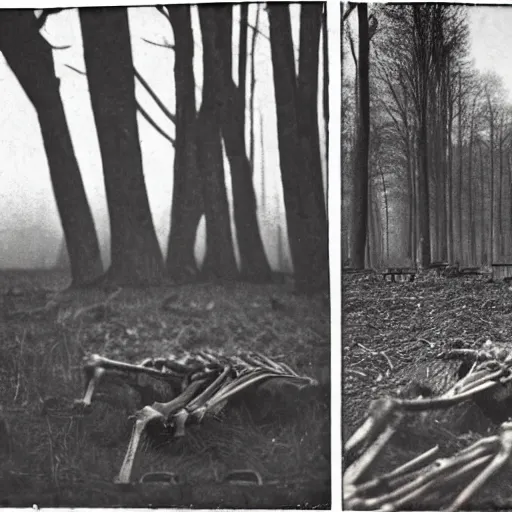 Prompt: portrait photography of deer skeleton laying in a industrial field of dead trees, smoking chimneys, machinery, 1. 2 f, 3 5 mm, dark, eerie, 1 9 2 0 s ghost photography