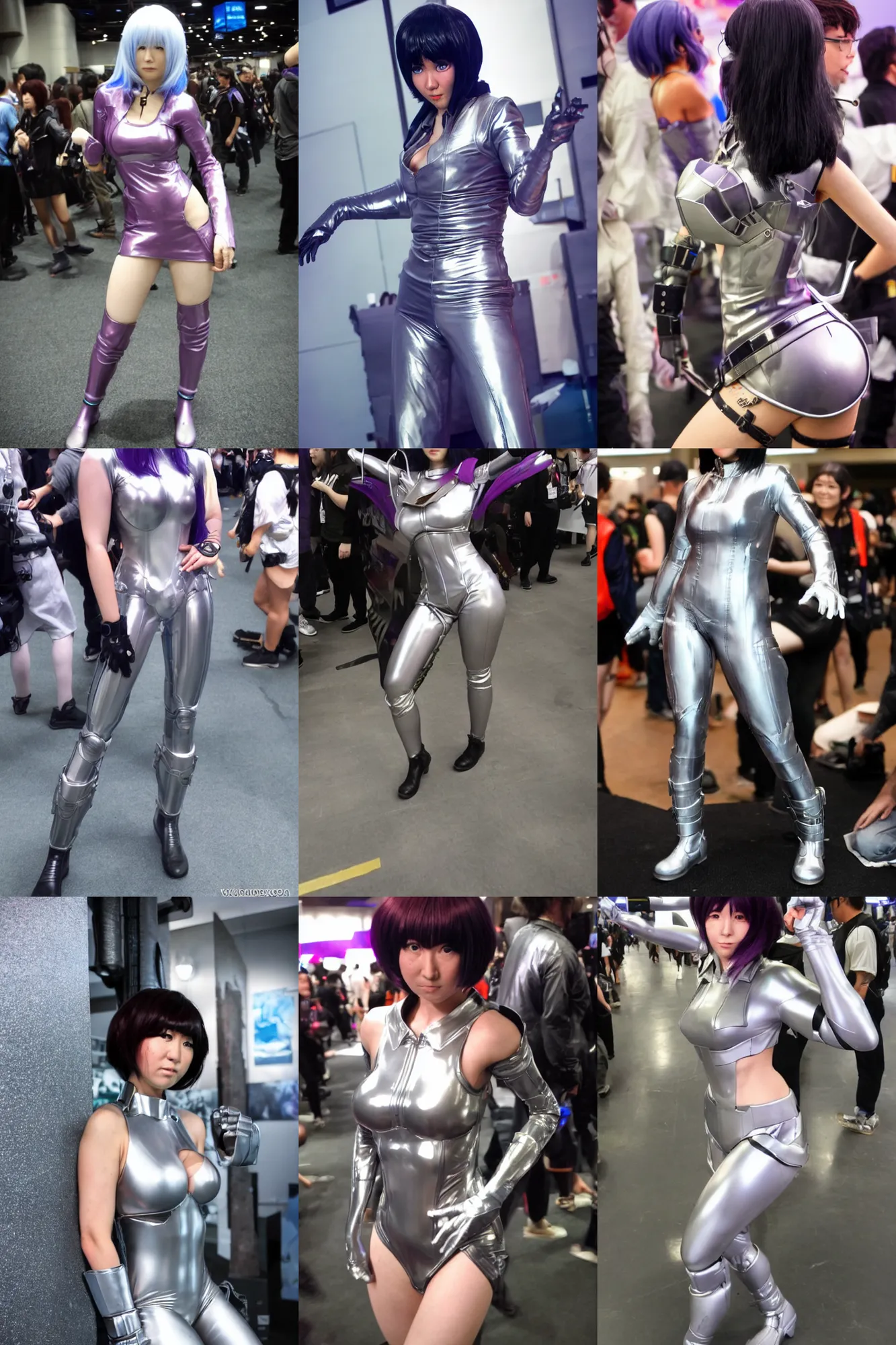 Prompt: beautiful cosplayer dressed as motoko kusangi, photo taken at e 3 conference, tight silver latex, posing for the camera, stretching up, energetic atmosphere