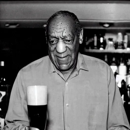 Image similar to Bill Cosby as a bartender at a bar serving drinks with a smirk on his face