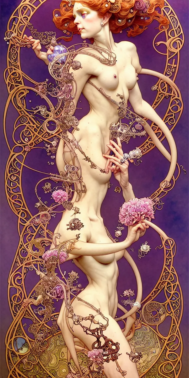 Prompt: beautiful princess art nouveau fantasy character portrait, ultra realistic, intricate details, the fifth element artifacts, highly detailed by peter mohrbacher, hajime sorayama, wayne barlowe, boris vallejo, aaron horkey, gaston bussiere, craig mullins alphonse mucha, art nouveau curves and spirals, flowers pearls jewels goldchains scattered