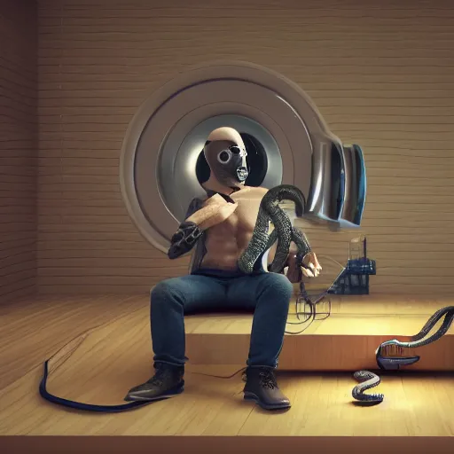 Prompt: cyborg sitting Infront of snake who's getting into gramophone, high quality image, 3Drender, long shot denoise