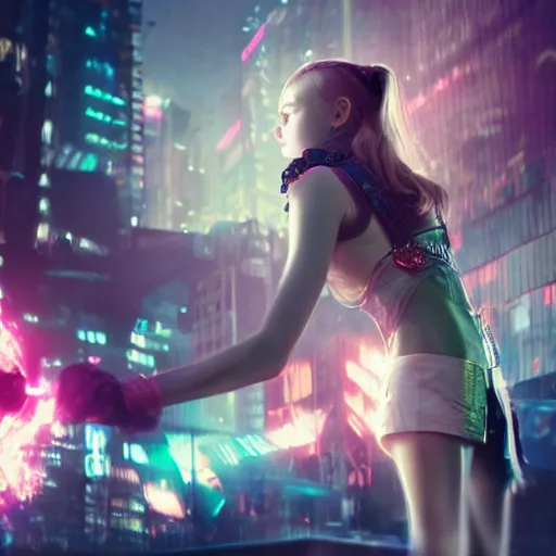 Image similar to a girl like (yoona, Elle Fanning), punching in a bag, background cyberpunk city, full shot, photo, volumetric lighting, epic composition, intricate details, dark neon punk, by KDA