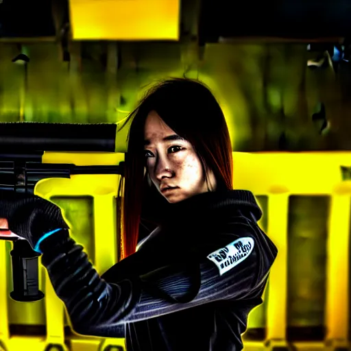 Image similar to photographic portrait of a techwear woman holding a shotgun, holding shotgun down, closeup, on the rooftop of a futuristic city at night, sigma 85mm f/1.4, 4k, depth of field, high resolution, full color, award winning photography, inspired by Kill Bill, inspired by John Wick, inspired by Die Hard, movies with guns, movie firearms