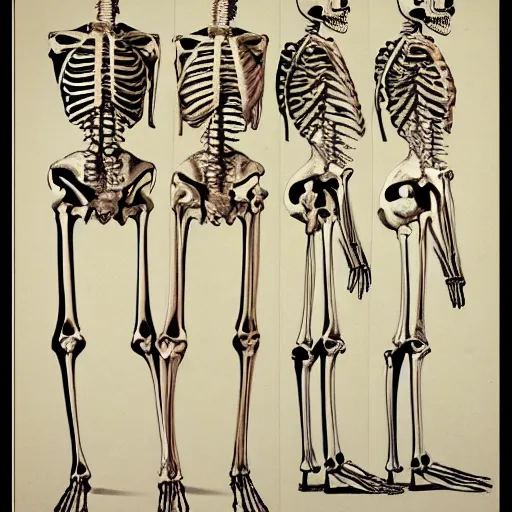 Image similar to differents sketches of skeleton with perspective, anatomic description from medecine book, high resolution, highly detailed, 8 k
