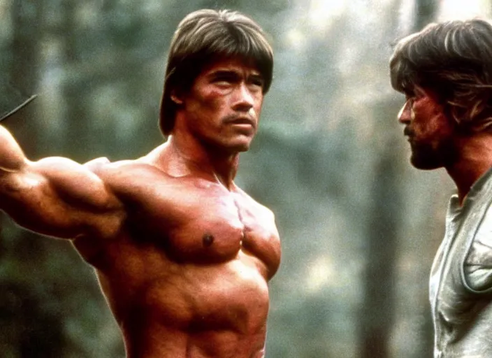 Image similar to arnold schwarzenegger in a still from the movie Rambo (1982)